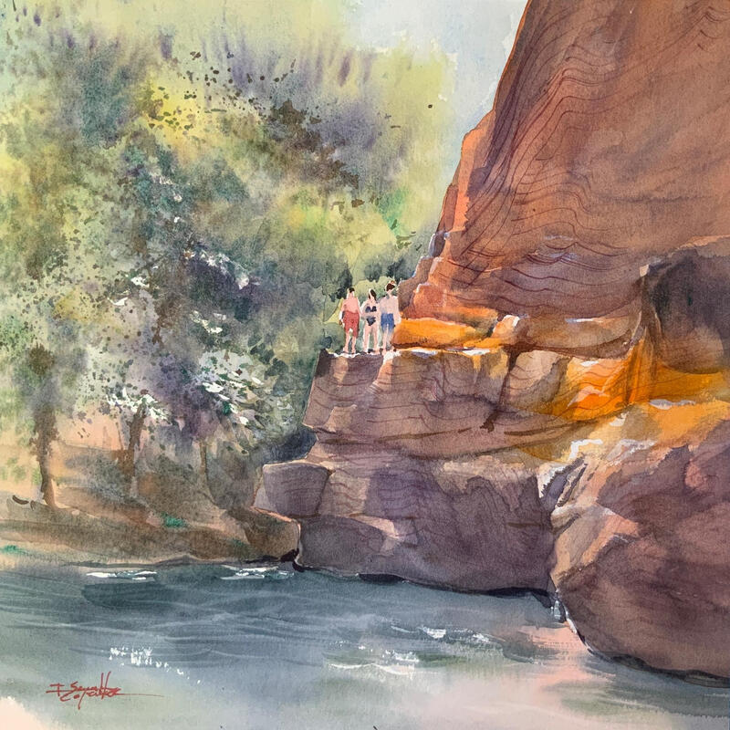 Painting Sedona 166 by Seruch Capouillez Isabelle | Painting Figurative Landscapes Urban Nature Watercolor