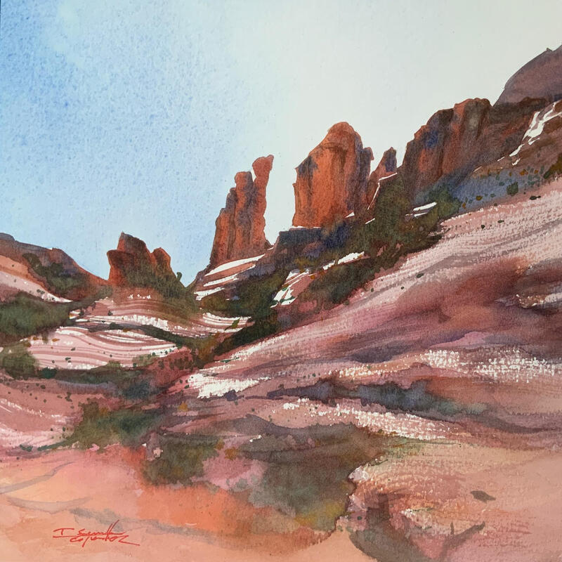 Painting Sedona 162 by Seruch Capouillez Isabelle | Painting Figurative Landscapes Urban Nature Watercolor