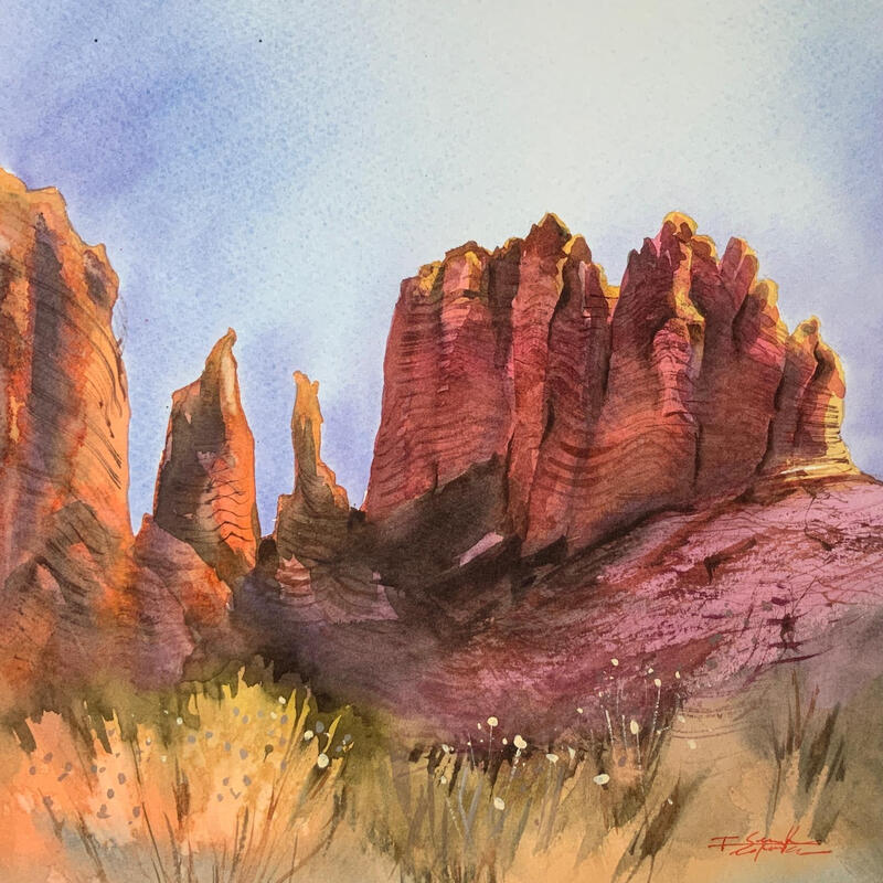 Painting Sedona 159 by Seruch Capouillez Isabelle | Painting Figurative Landscapes Urban Nature Watercolor