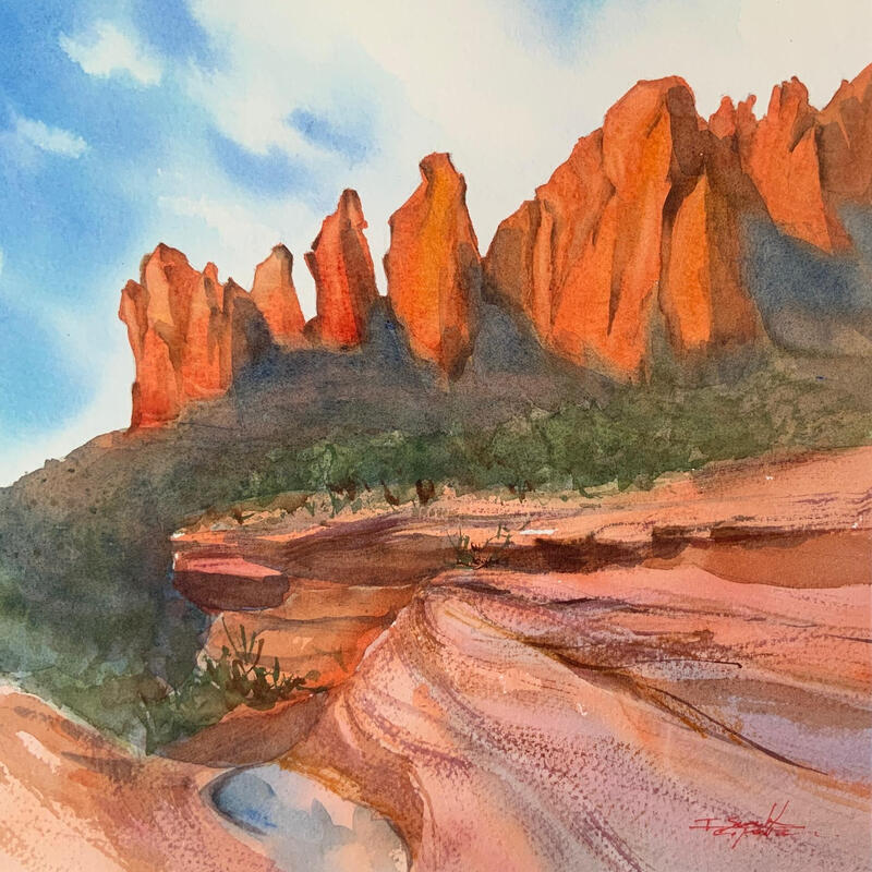 Painting Sedona 165 by Seruch Capouillez Isabelle | Painting Figurative Landscapes Urban Nature Watercolor