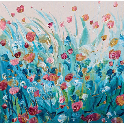 Peinture Fleurs roses dorées dansantes par Amblard Florence | Tableau Impressionnisme Acrylique Nature, Paysages