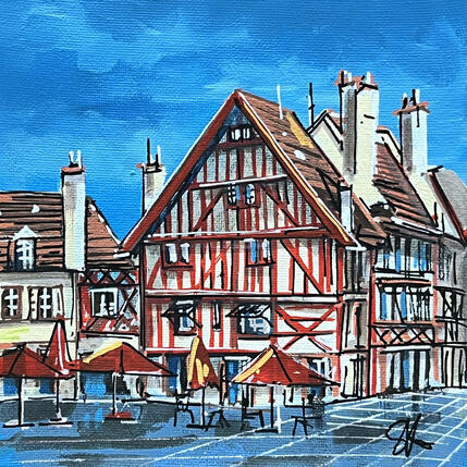 Gemälde Place François Rude et ses parasols rouges à Dijon von Touras Sophie-Kim | Gemälde Realismus Öl Architektur, Landschaften, Urban