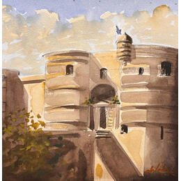 Gemälde L'entrée du château von De León Lévi Marcelo | Gemälde Figurativ Aquarell Pop-Ikonen, Urban