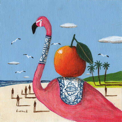 Peinture Flamant à l'orange par Lionnet Pascal | Tableau Surréalisme Acrylique Animaux, Marine, Scènes de vie
