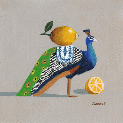 Peinture Paon aux citrons par Lionnet Pascal | Tableau Surréalisme Acrylique Animaux, Natures mortes, Scènes de vie