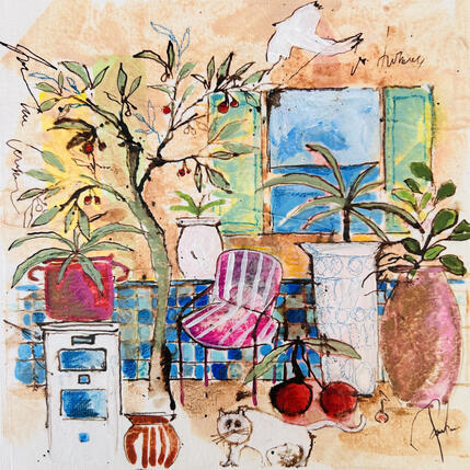 Gemälde Le cerisier et le chat von Colombo Cécile | Gemälde