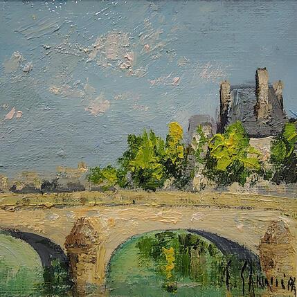 Painting Pont sur la Seine, Le Louvre by Sannier Daniel | Painting Impressionism Oil Landscapes