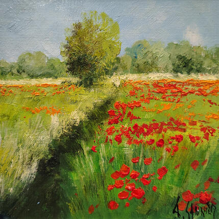 Painting Coquelicots, chemin by Sannier Daniel | Painting Impressionism Oil Landscapes, Pop icons