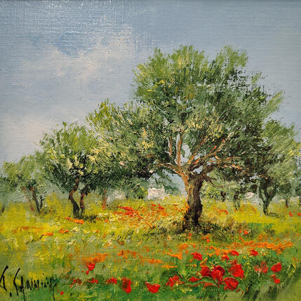 Painting Coquelicots et oliviers by Sannier Daniel | Painting Impressionism Oil Landscapes, Pop icons