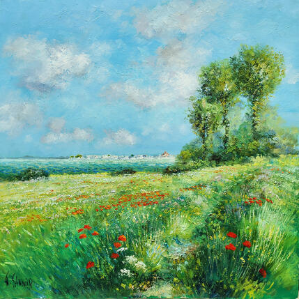 Painting Coquelicots en Baie de Somme by Sannier Daniel | Painting Impressionism Oil Landscapes