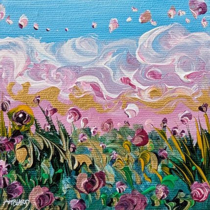 Gemälde Ciel rose et fleurs irisées von Amblard Florence | Gemälde Impressionismus Acryl Landschaften, Natur