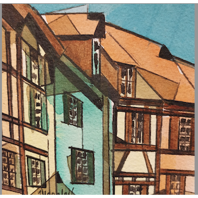 Peinture 4 maisons d'Alsace par Langlois Jean-Luc | Tableau