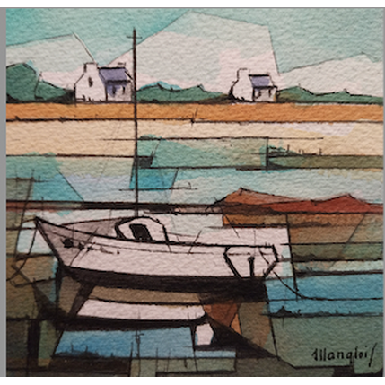 Pintura Bateau de pêche, 2 maisons por Langlois Jean-Luc | Pintura
