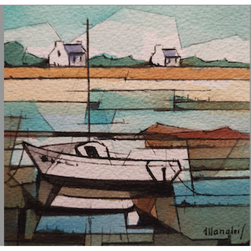 Pintura Bateau de pêche, 2 maisons por Langlois Jean-Luc | Pintura
