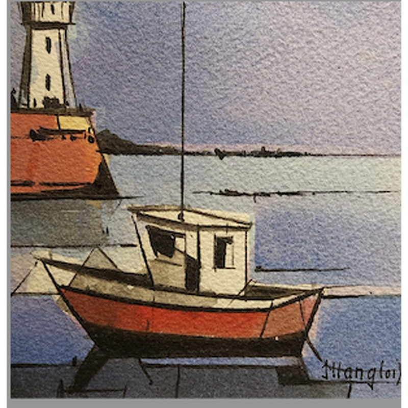 Painting 1 phare, 1 bateau (violet) by Langlois Jean-Luc | Painting