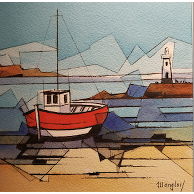 Peinture 1 phare, 1 bateau rouge et blanc par Langlois Jean-Luc | Tableau