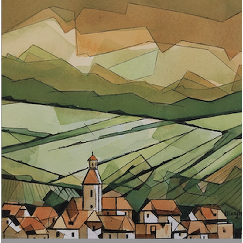 Painting Vignes et village by Langlois Jean-Luc | Painting