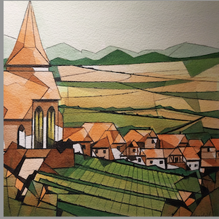 Pintura 1 village, 1 église por Langlois Jean-Luc | Pintura