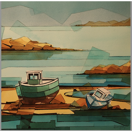 Painting 2 bateaux vert et bleu by Langlois Jean-Luc | Painting