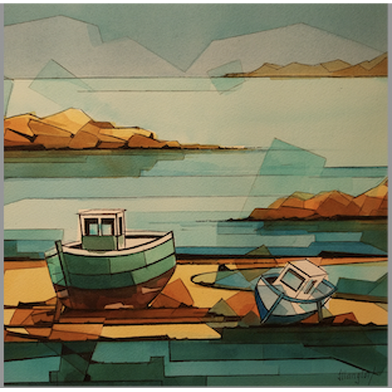 Painting 2 bateaux vert et bleu by Langlois Jean-Luc | Painting