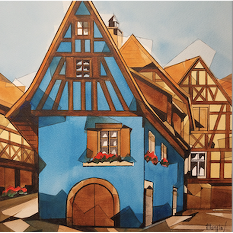 Peinture Maison bleue d'Alsace par Langlois Jean-Luc | Tableau