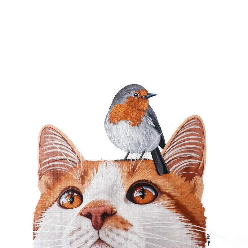 Gemälde BIRD AND CAT 26 von Milie Lairie | Gemälde Realismus Tiere Öl