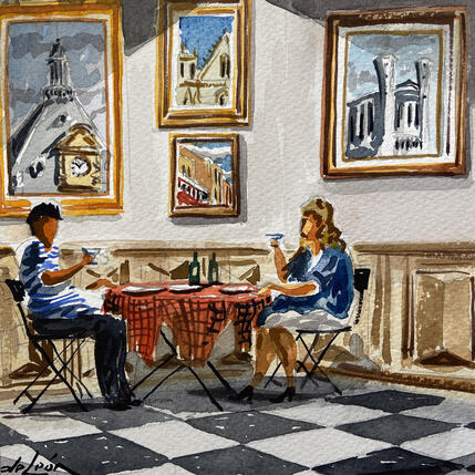 Peinture Une Romance au bouchon lyonnais par De León Lévi Marcelo | Tableau Figuratif Aquarelle Urbain