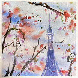 Peinture arbre en fleurs sur la Tour Eiffel par Bailly Kévin  | Tableau Figuratif Aquarelle, Encre Architecture, Urbain