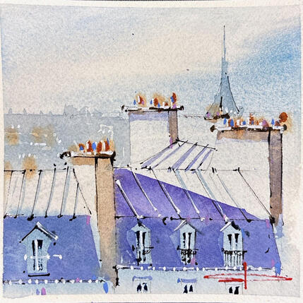 Peinture Par-dessus les toits de Paris par Bailly Kévin | Tableau Figuratif Aquarelle, Encre Architecture, Urbain