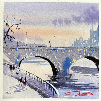 Peinture Les ponts de Paris par Bailly Kévin | Tableau Figuratif Aquarelle, Encre Architecture, Urbain