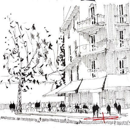 Peinture Flâneries parisiennes par Bailly Kévin | Tableau Figuratif Aquarelle, Encre Architecture, Urbain