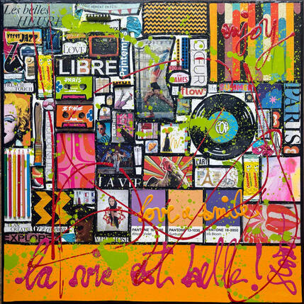 Painting La vie est belle ! (Jaune)  by Costa Sophie | Painting Pop-art Acrylic, Gluing, Upcycling