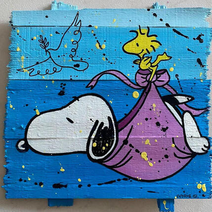 Painting F3  Woodstock la cigogne by Marie G.  | Painting Pop-art Acrylic, Wood Pop icons
