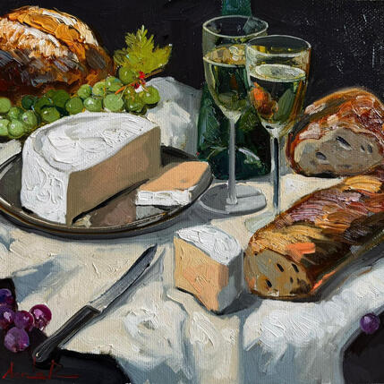 Gemälde  Wine and Brie von Xanlar | Gemälde Impressionismus Öl Stillleben