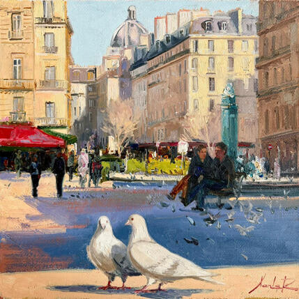Gemälde Pigeons of Saint-Germain  von Xanlar | Gemälde Impressionismus Öl Alltagsszenen, Architektur, Landschaften