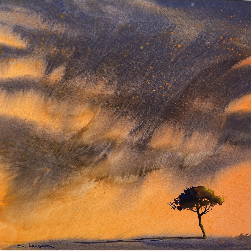 Peinture Baigné d'orange par Langeron Stéphane | Tableau Figuratif Paysages Aquarelle