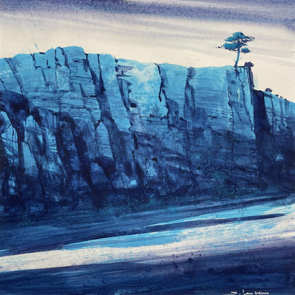 Peinture Au sommet de la falaise bleue par Langeron Stéphane | Tableau Figuratif Aquarelle Paysages