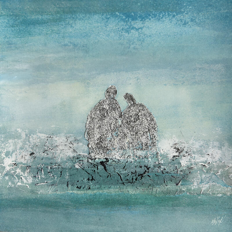 Peinture Quand la vie se raconte dans le bleu. par Escolier Odile | Tableau Figuratif Société Marine Scènes de vie Acrylique Collage