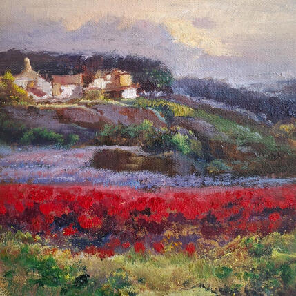 Pintura Pueblo y campo de amapolas por Cabello Ruiz Jose | Pintura