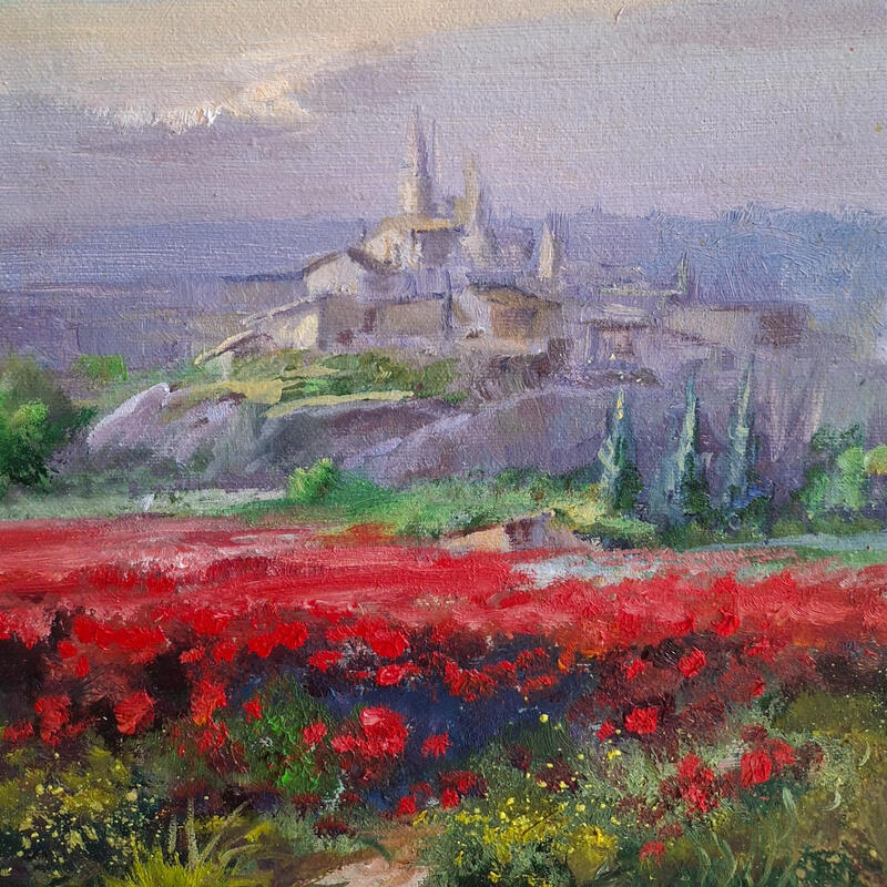 Painting Pueblo medieval by Cabello Ruiz Jose | Painting Figurative Landscapes Oil