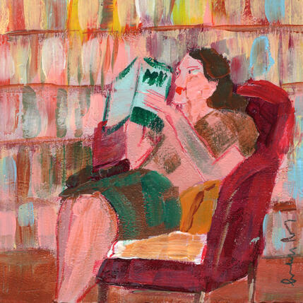 Painting La lectrice, Claire, en relisant David Foenkinos by Ral Lourdes | Painting Figurative Acrylic Life style