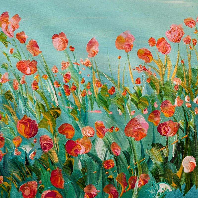 Painting Champ de fleurs roses by Amblard Florence | Painting Landscapes Nature Acrylic