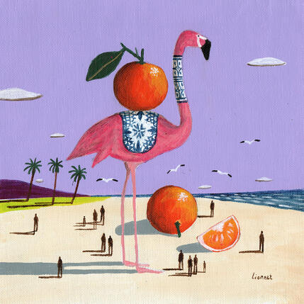 Peinture Flamant sur la plage par Lionnet Pascal | Tableau Surréalisme Acrylique Animaux, Marine, Scènes de vie