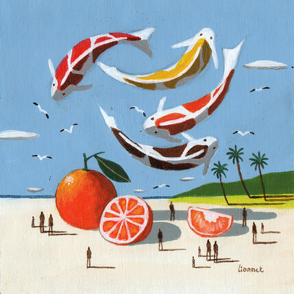 Peinture Carpes et oranges sur la plage par Lionnet Pascal | Tableau Surréalisme Acrylique Animaux, Marine, Natures mortes