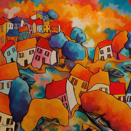 Gemälde L'été au village von Fauve | Gemälde Figurativ Acryl, Öl Alltagsszenen
