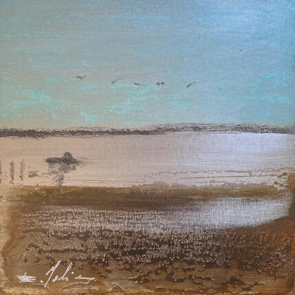 Painting Barque sur l’étang  by Mahieu Bertrand | Painting Figurative Metal Landscapes