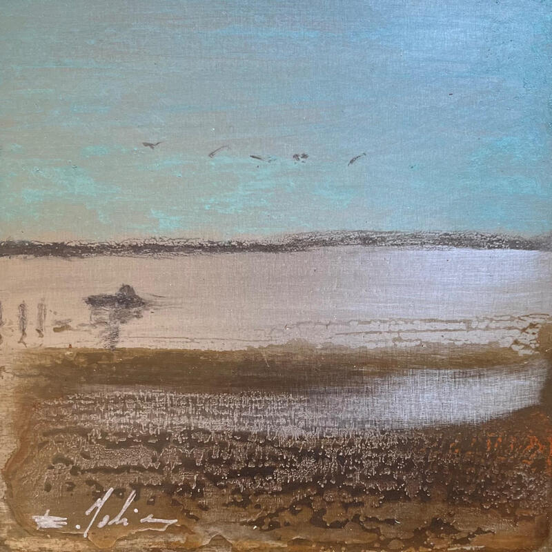Painting Barque sur l’étang by Mahieu Bertrand | Painting Figurative Landscapes Metal