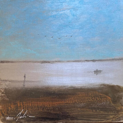 Painting Barque sur l’étang by Mahieu Bertrand | Painting Figurative Metal Landscapes, Pop icons
