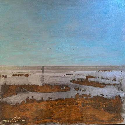Painting Couple plage des 3 digues  by Mahieu Bertrand | Painting Figurative Metal Landscapes
