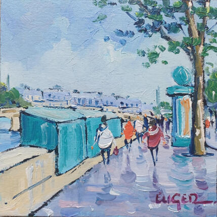 Painting LES BOUQUINISTES SUR LES QUAIS DE SEINE by Euger | Painting Figurative Oil Landscapes, Life style, Urban